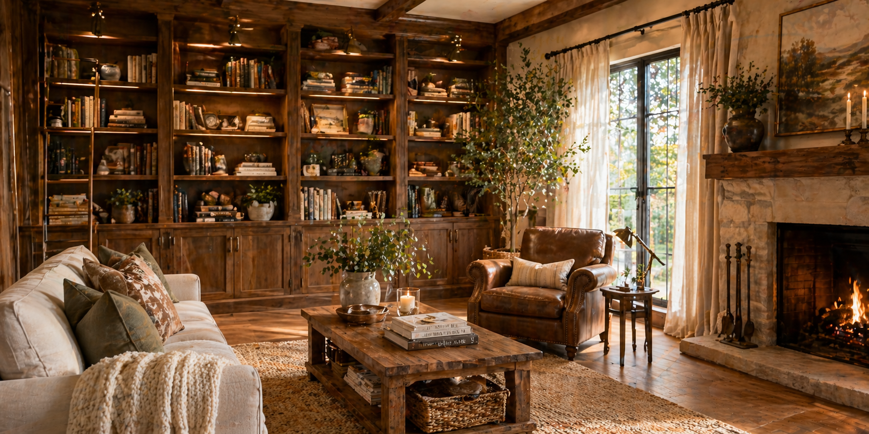 Living room with built-in bookshelf, warm lighting, armchair, and stacked books, rustic wood tones,