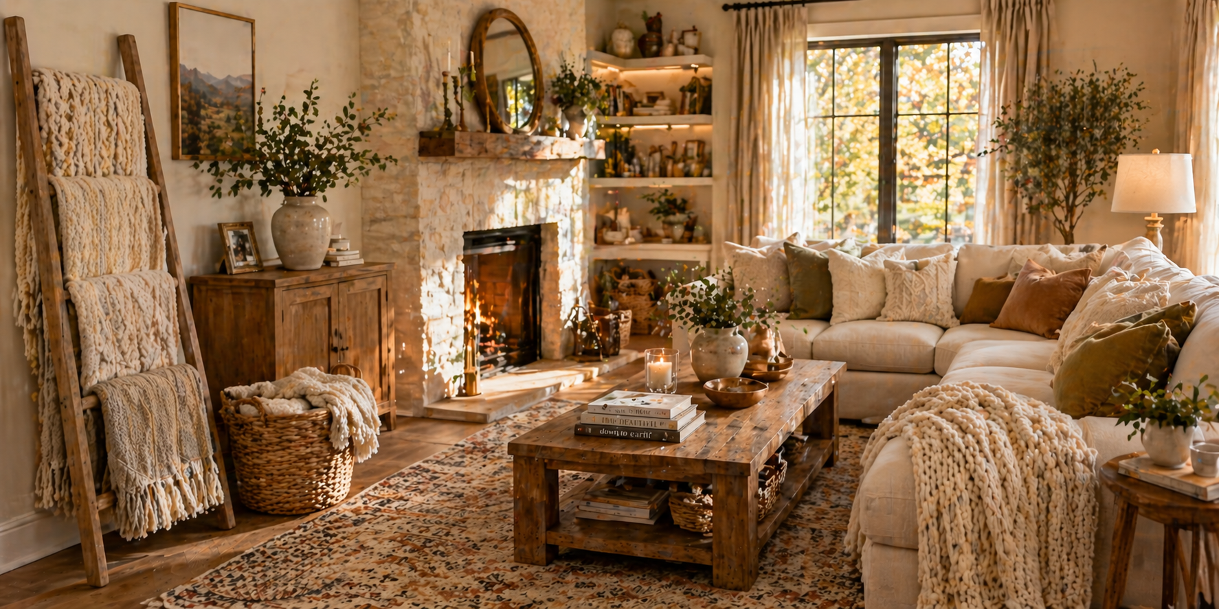 Living room with blanket ladder, cable-knit throws, soft rug, and natural wood furniture, warm golden lighting
