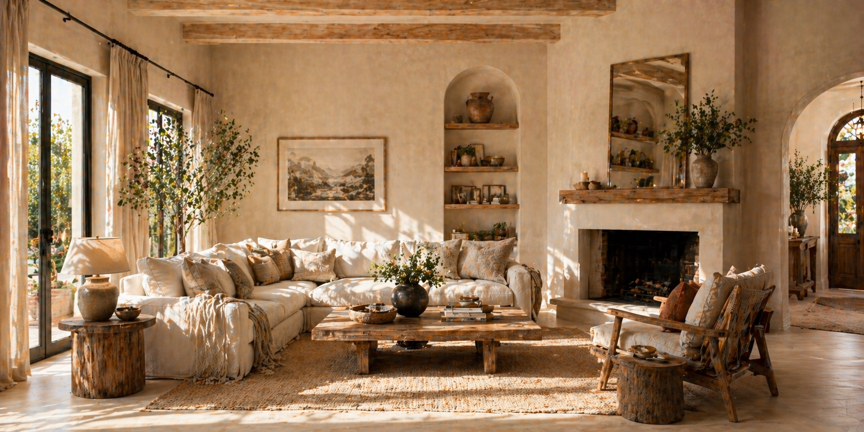 Living room with limewashed walls, natural wood accents, and cozy furniture, sunlight streaming in