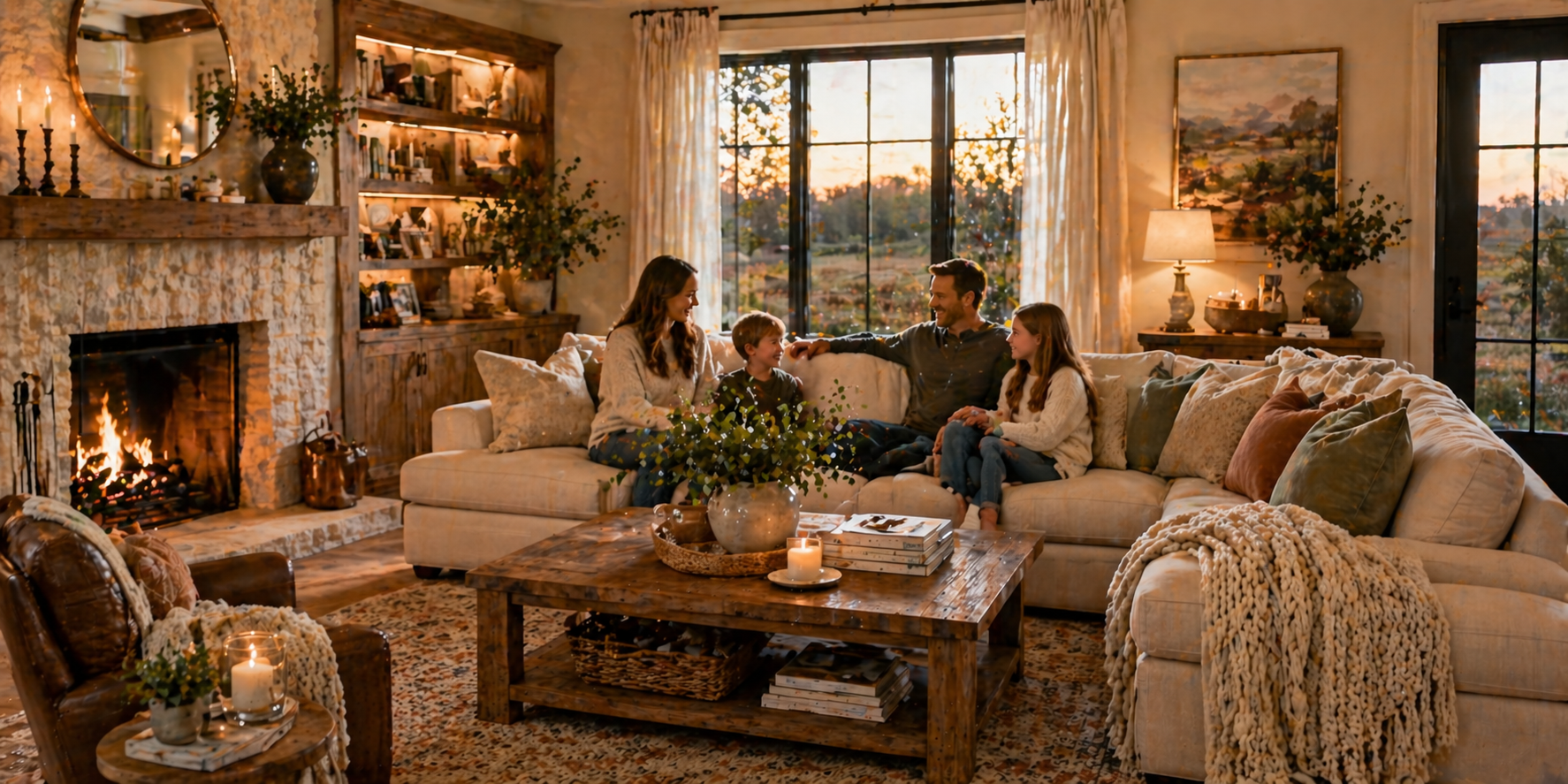 Living room with family gathered around sofa, warm lighting, layered textures, and rustic-modern charm,