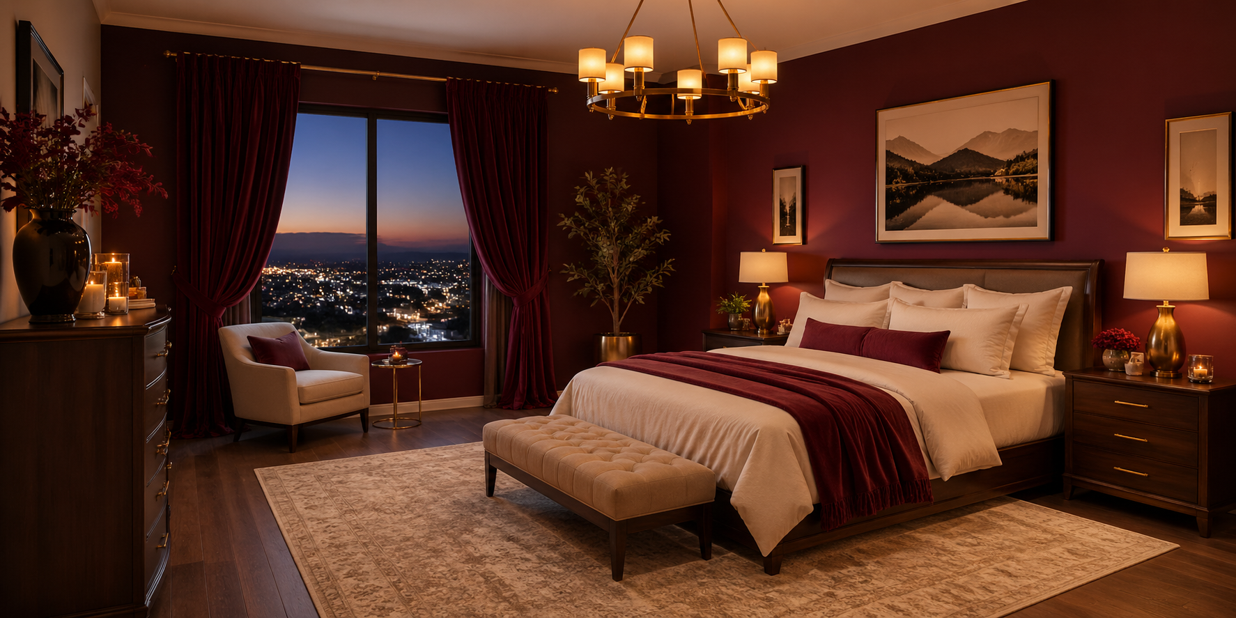 Bedroom with deep burgundy walls, velvet drapes, gold lighting, cream bedding, and dark walnut furniture, cozy evening light
