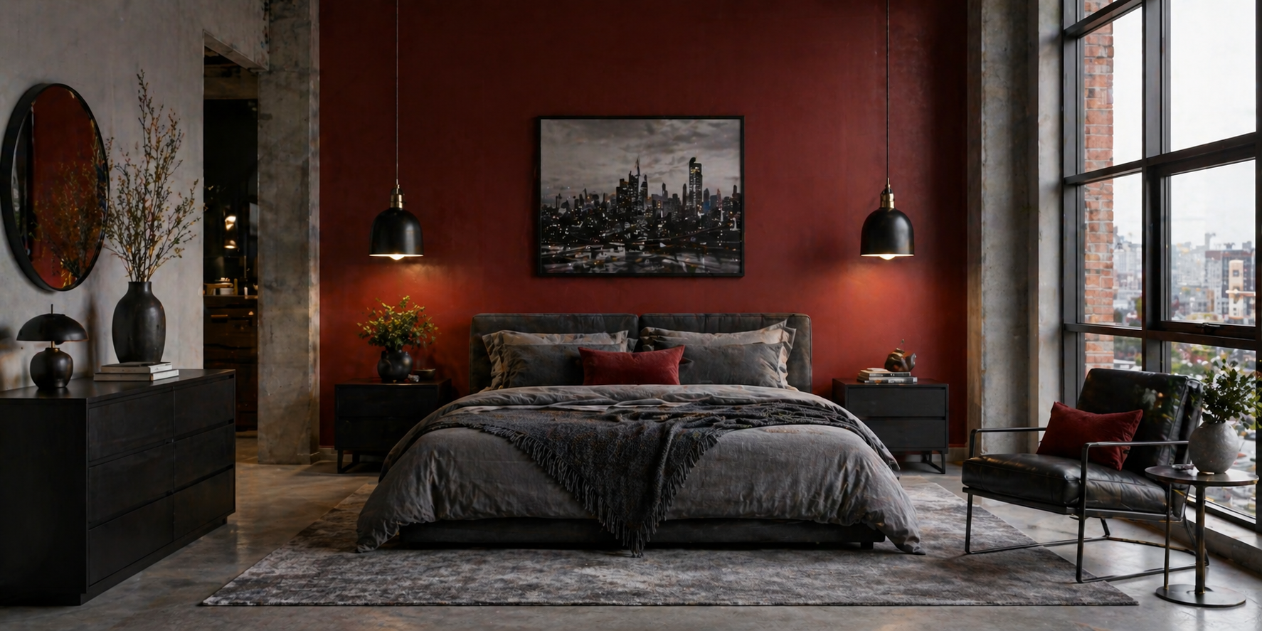 Contemporary bedroom with red feature wall, gray bedding, metal pendant lights, and modern minimalist furniture, moody urban setting