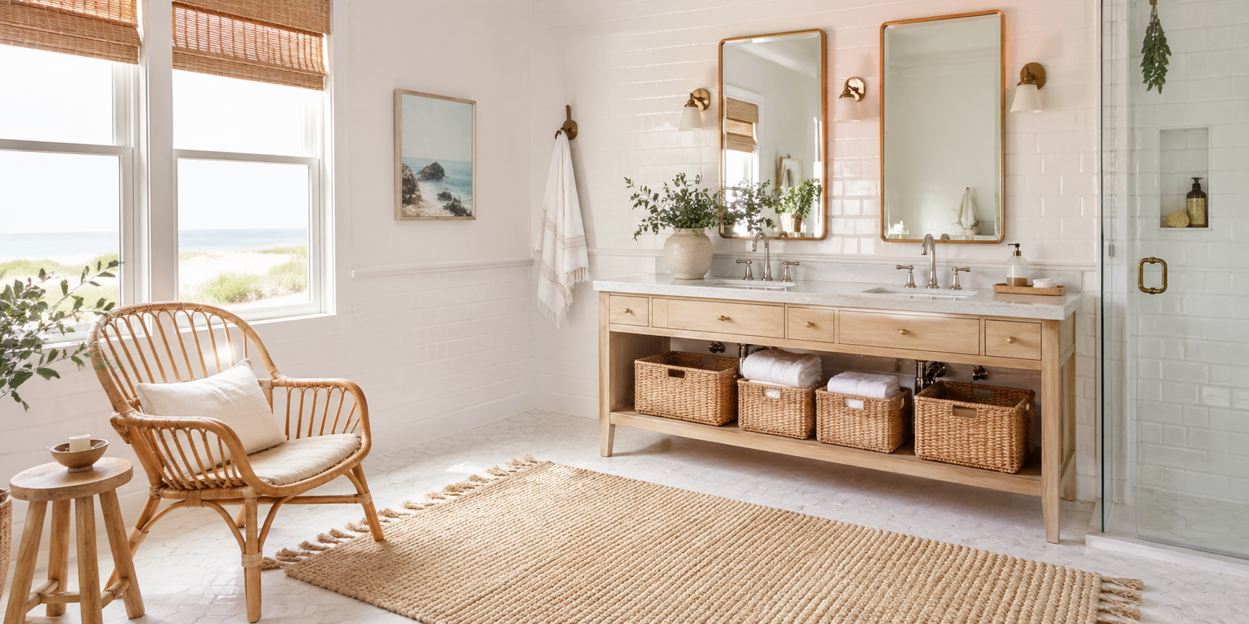 Bathroom with rattan chair, wicker storage baskets, white tiles, and coastal wood accents, soft natural light