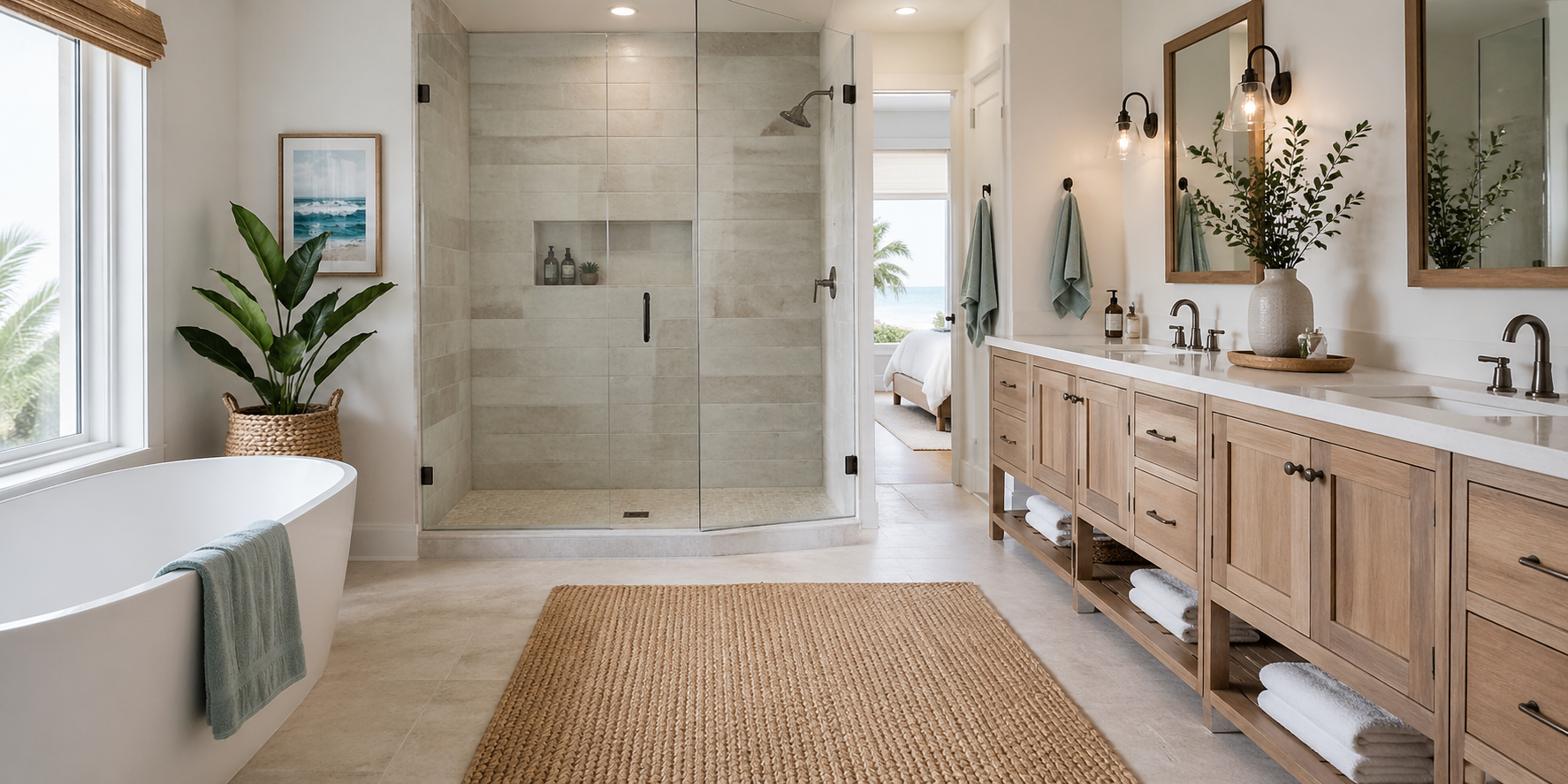 Coastal bathroom with open glass shower, light stone tiles, wooden vanity, and woven rug