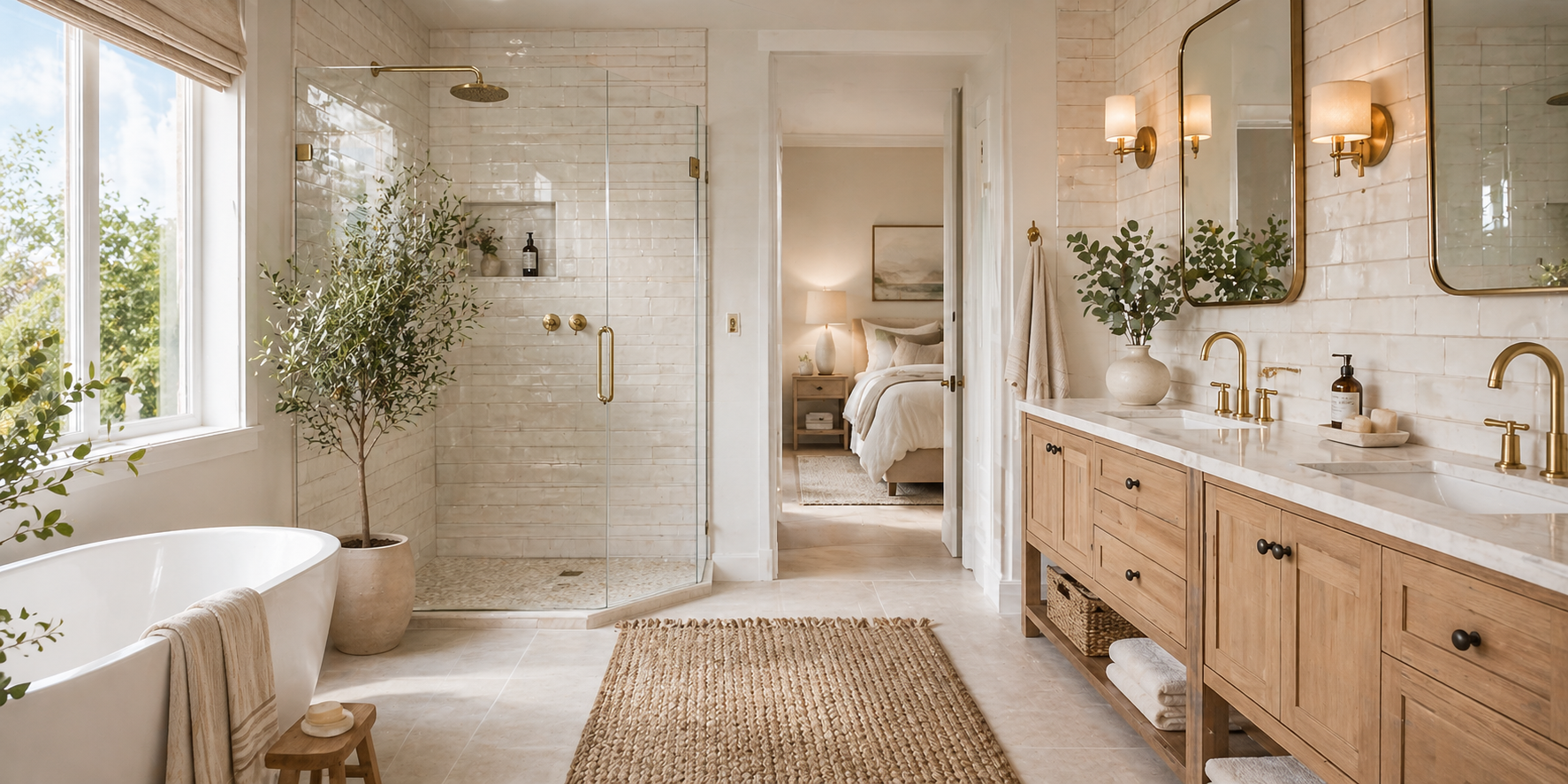Bathroom vanity with reclaimed wood-framed mirror, white tiles, brass lighting, and rattan decor