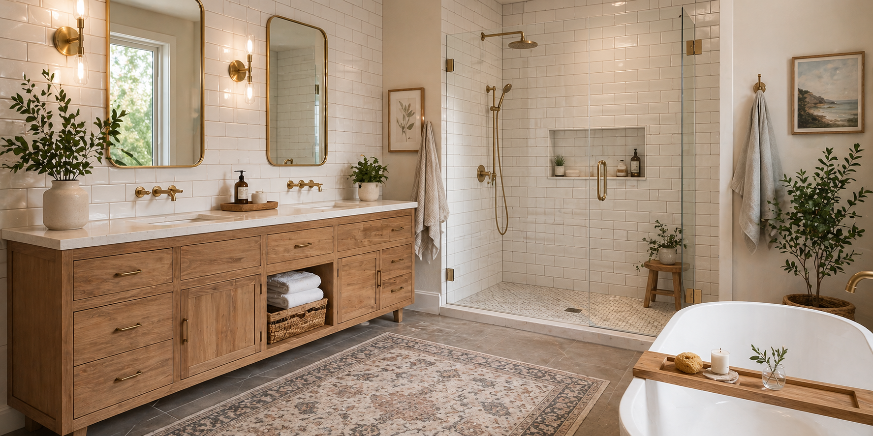 Bathroom with handmade-look subway tiles, warm grout, wooden vanity, and soft brass fixtures