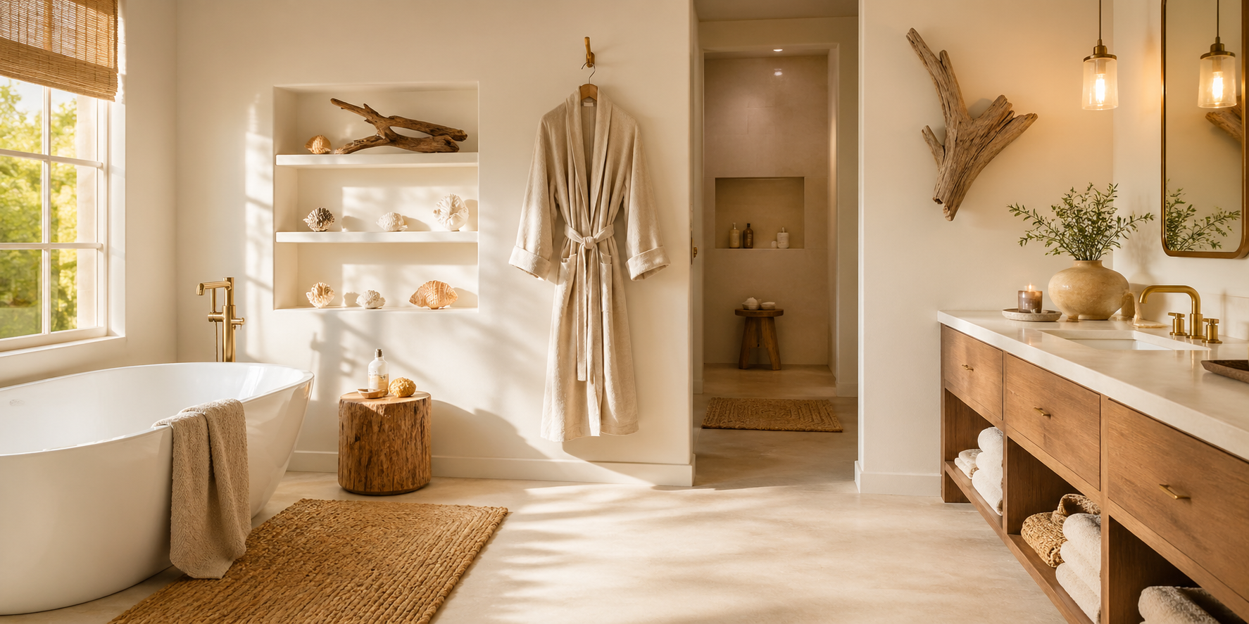 Bathroom with linen robe on hook, small seashell display, and driftwood decor, warm light