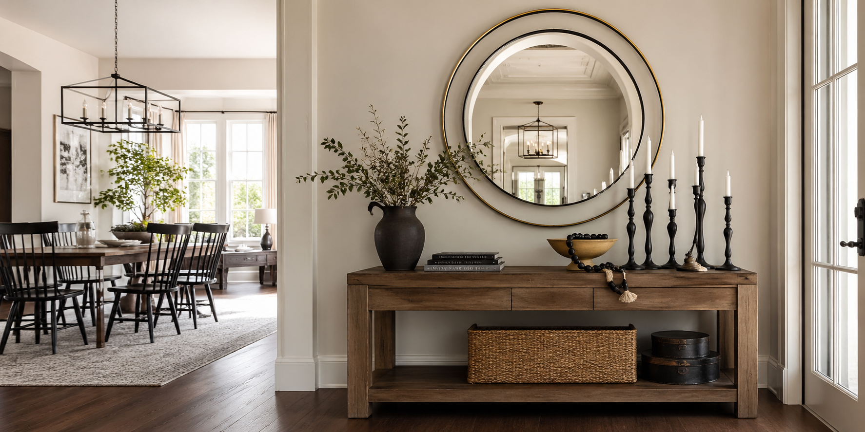 Entryway dining table decor with Layered Mirrors with Sculptural Candle Holders for Depth and Drama