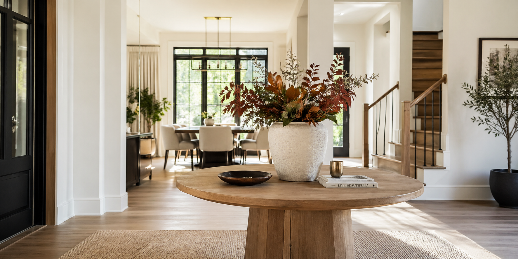 Entryway dining table decor with Seasonal Botanical Arrangement in a Textured Ceramic Vase