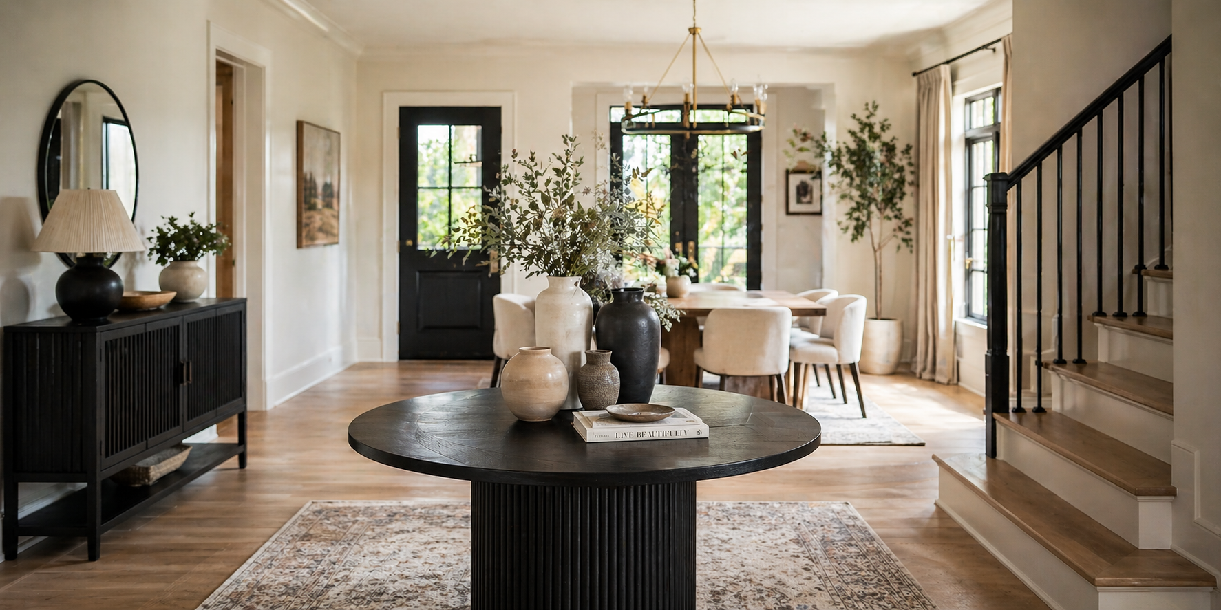 Entryway dining table decor idea with Monochromatic Tonal Display with Deliberately Varied Heights