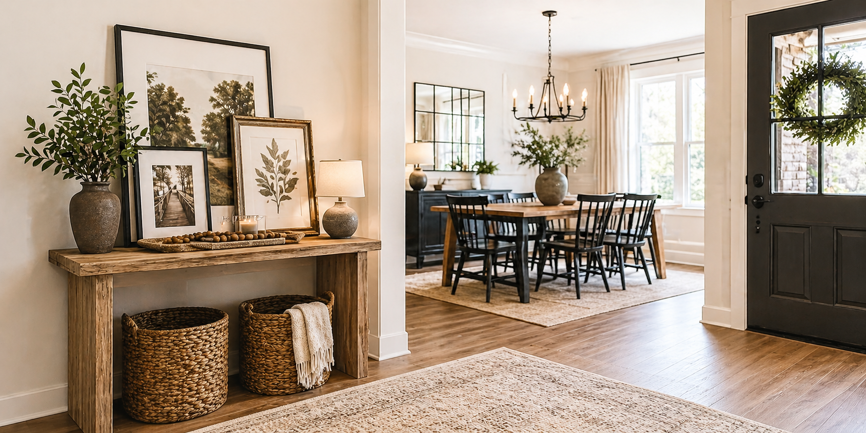  Entryway dining table decor Idea with Framed Art Leaning Against the Wall with an Accent Tray Below
