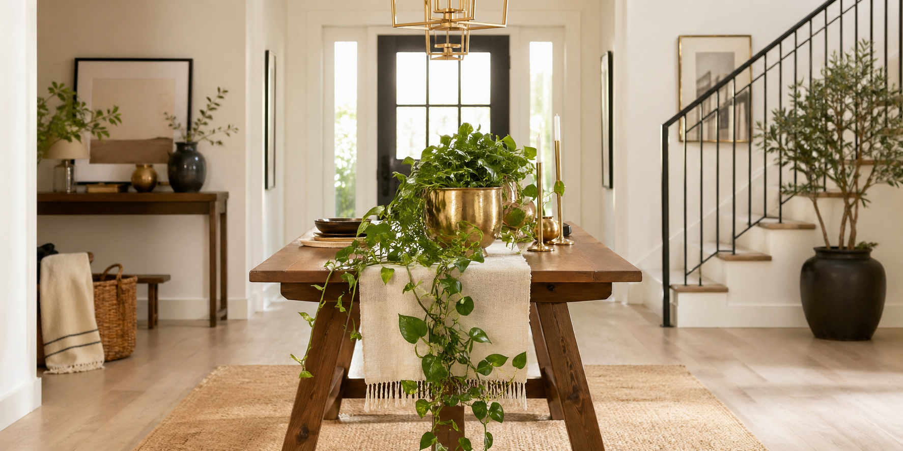 Trailing Greenery Spilling Over the Table Edge with Warm Metallic Accents