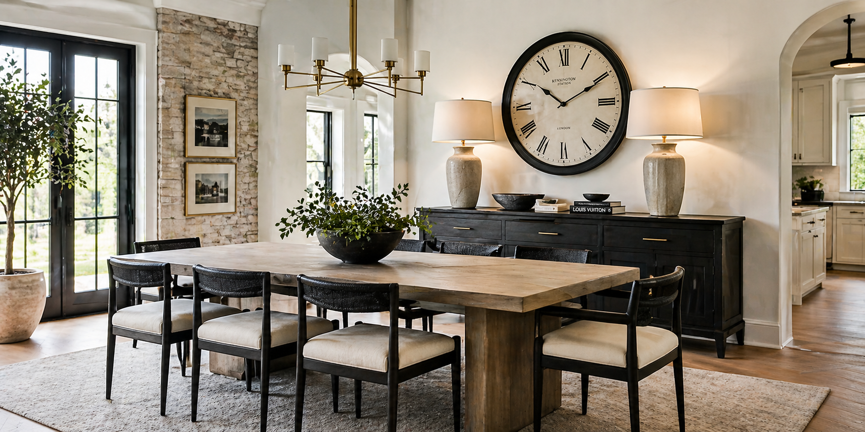 Bold Statement Clock as Focal Point with Flanking Table Lamps