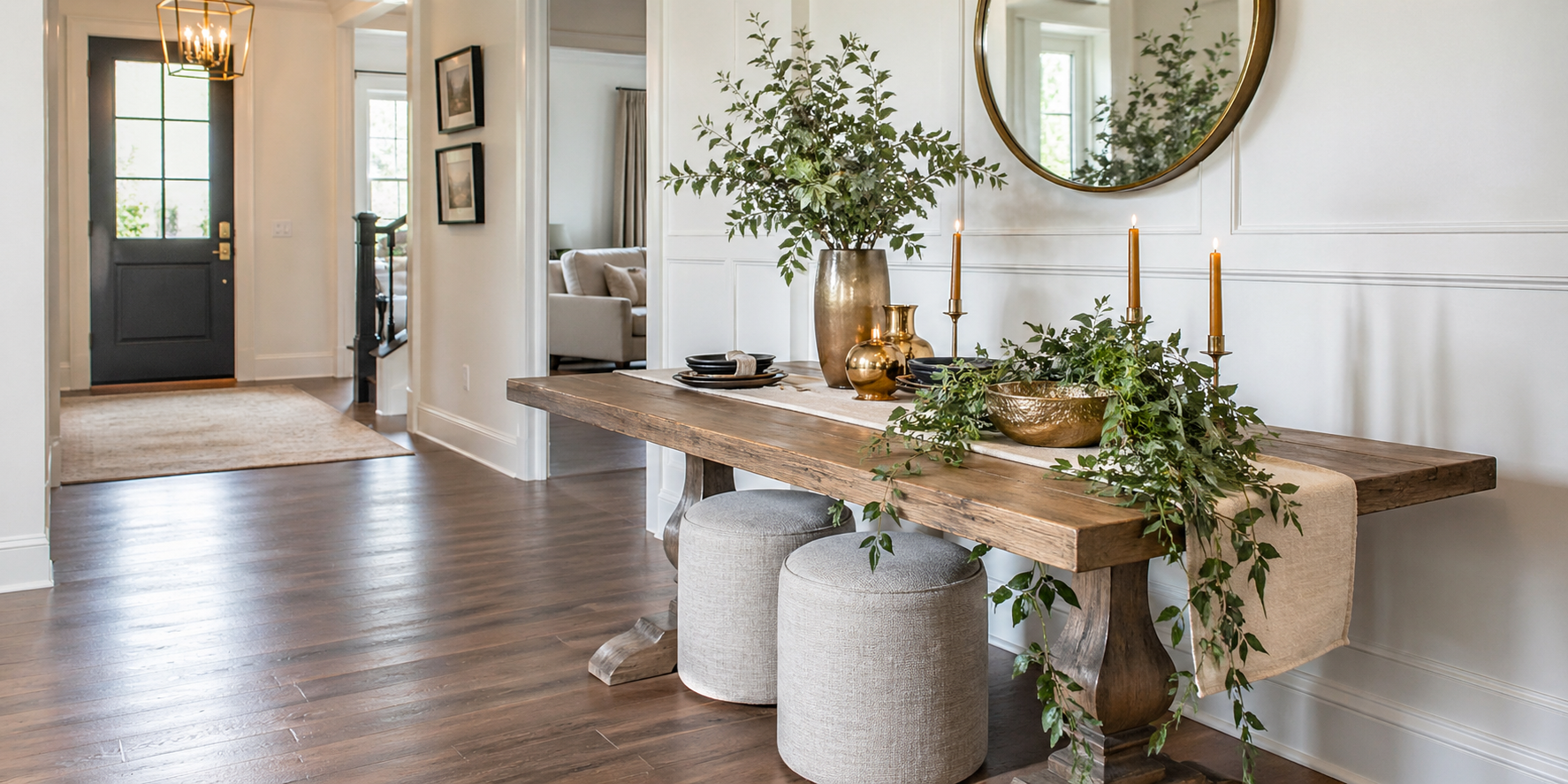 Woven Basket Storage at Table Base with Potted Succulents Above