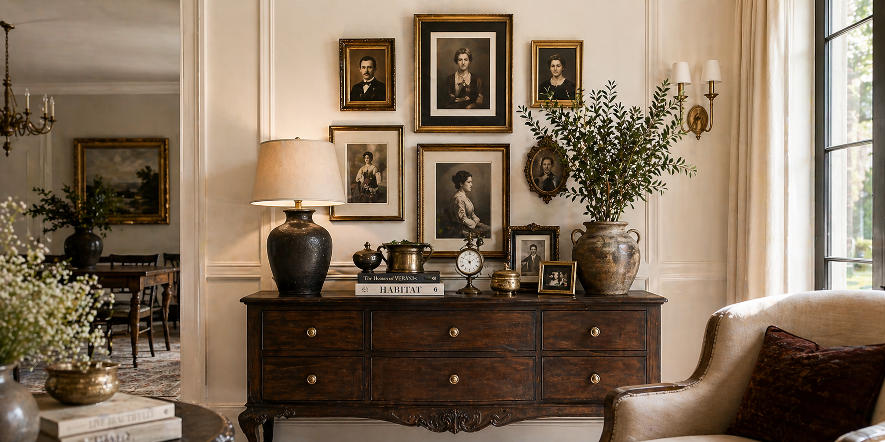 Heritage and Heirloom Vignette with Collected Objects and Framed Portraits