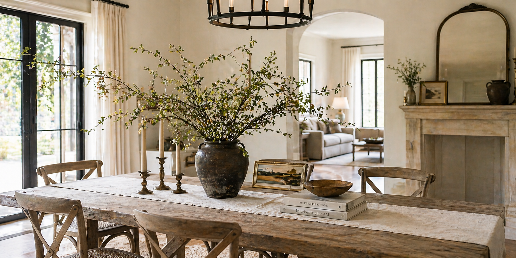 Architectural Branch Arrangement with a Linen Table Runner