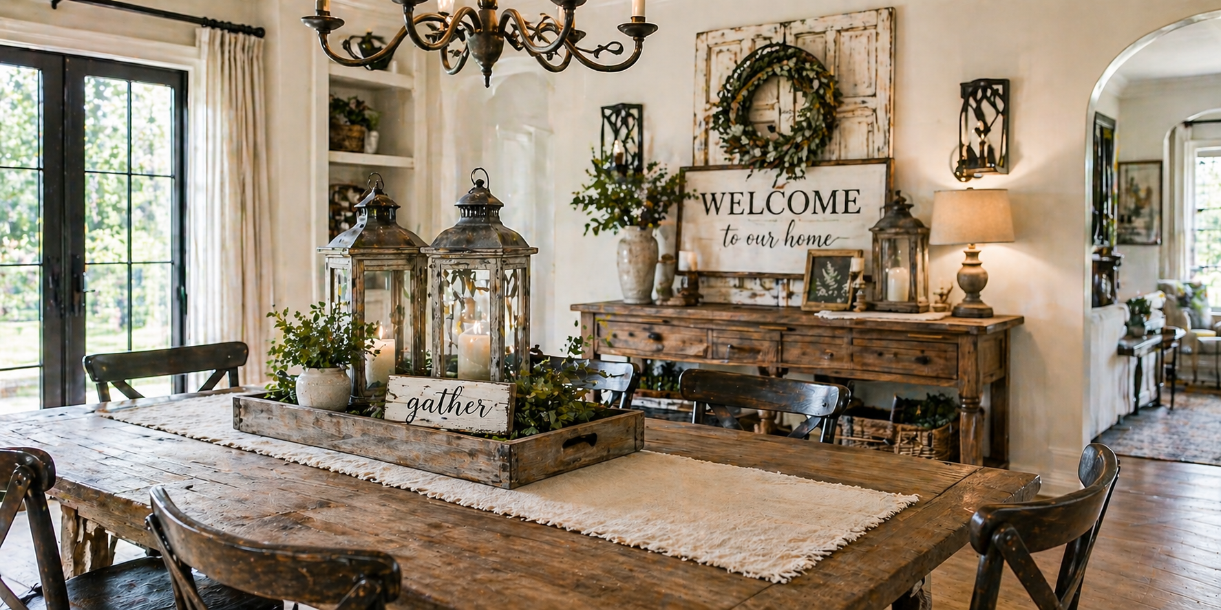 Rustic Farmhouse Display with Lanterns, Wooden Signs, and Aged Textures