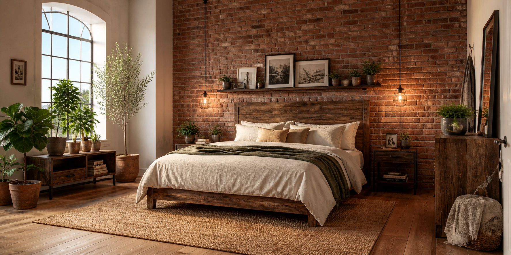 Rustic bedroom with exposed brick wall, wooden bed frame, linen bedding, potted plants, and an industrial-style lamp