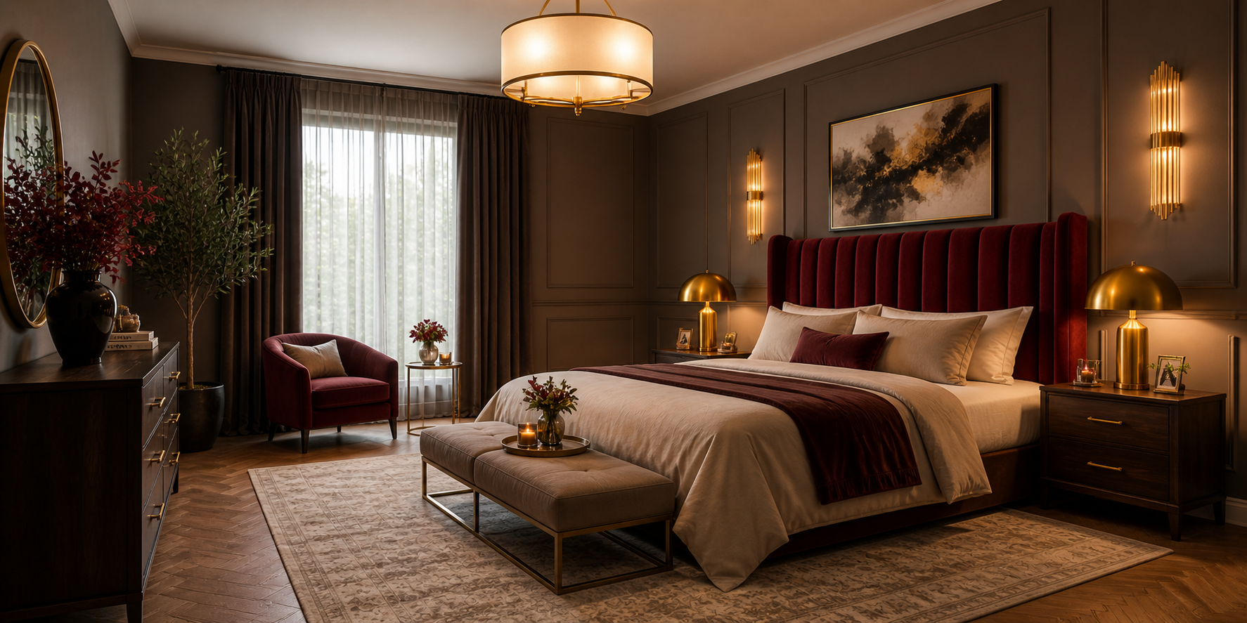 Bedroom with red velvet headboard, gold lamps, taupe walls, and soft moody lighting, elegant modern decor