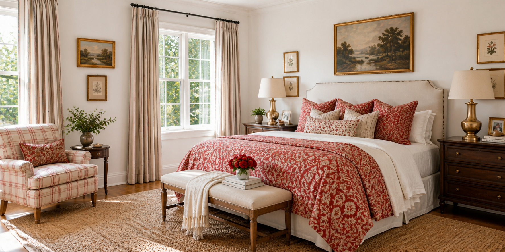 Bedroom with white walls, red patterned bedding, striped curtains, and natural light from windows