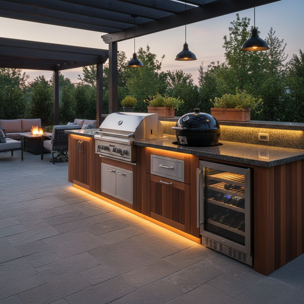 Premium luxury outdoor kitchen with built-in refrigerator, wine cooler, dual grill zones, warming drawer, polished granite countertops, evening lighting