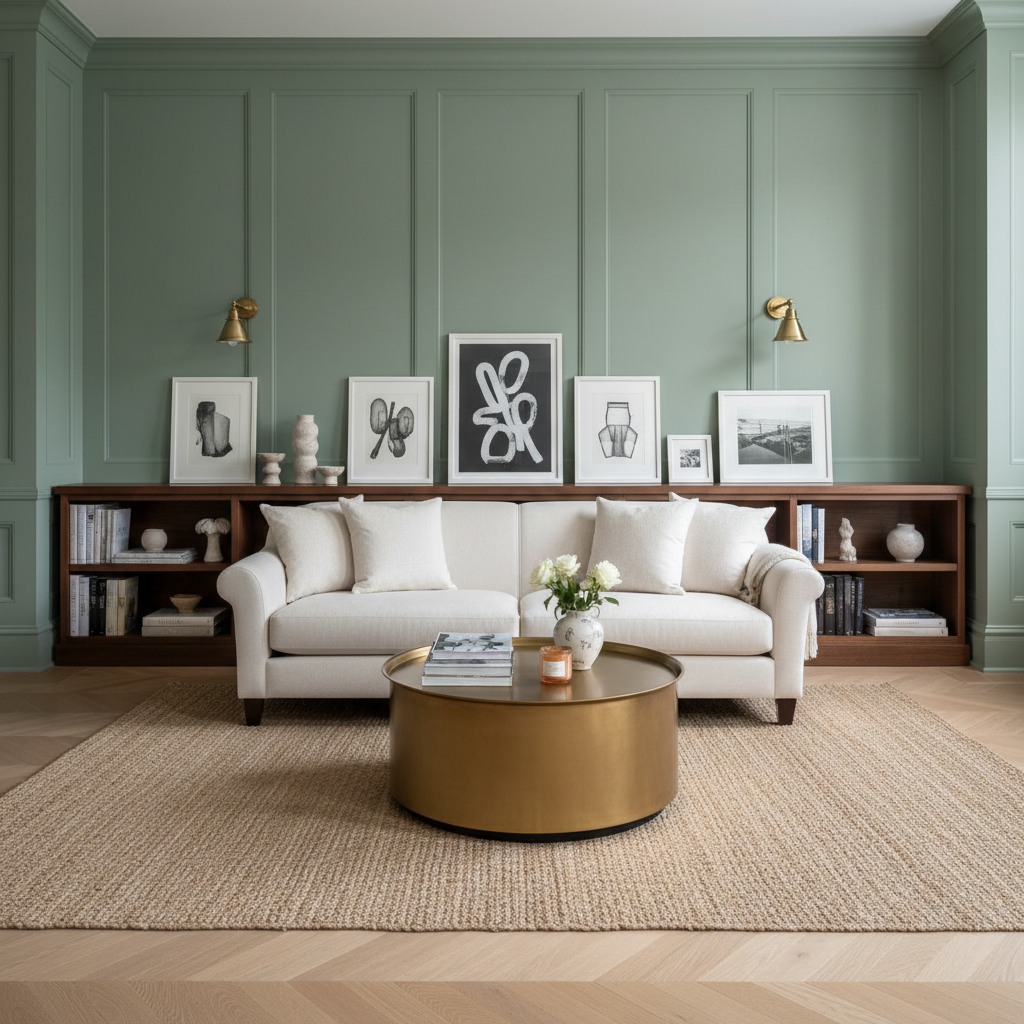 Full-height sage green wall panelling with deep cream upholstery and brass picture lights