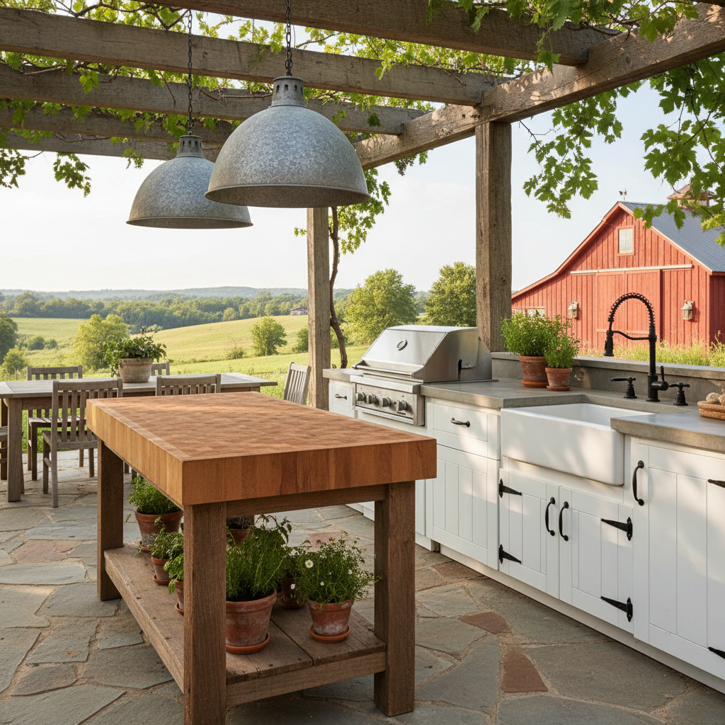 Farmhouse outdoor kitchen with white-painted shiplap cabinet fronts, black iron hardware, butcher block countertop, galvanized pendant lights