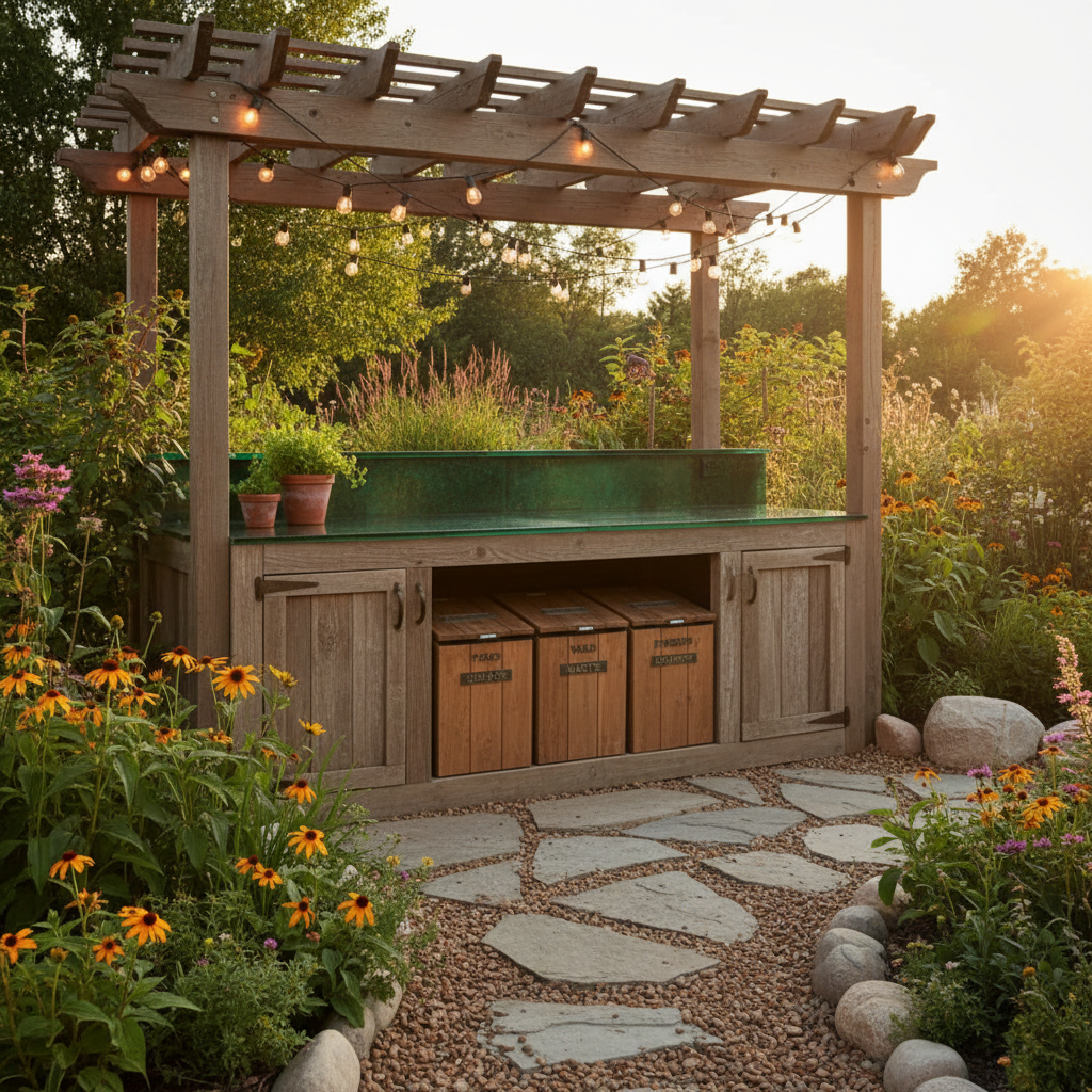 Eco-friendly outdoor kitchen with reclaimed barn wood cabinet fronts, solar string lights overhead, native plant borders, composting station, earthy feel