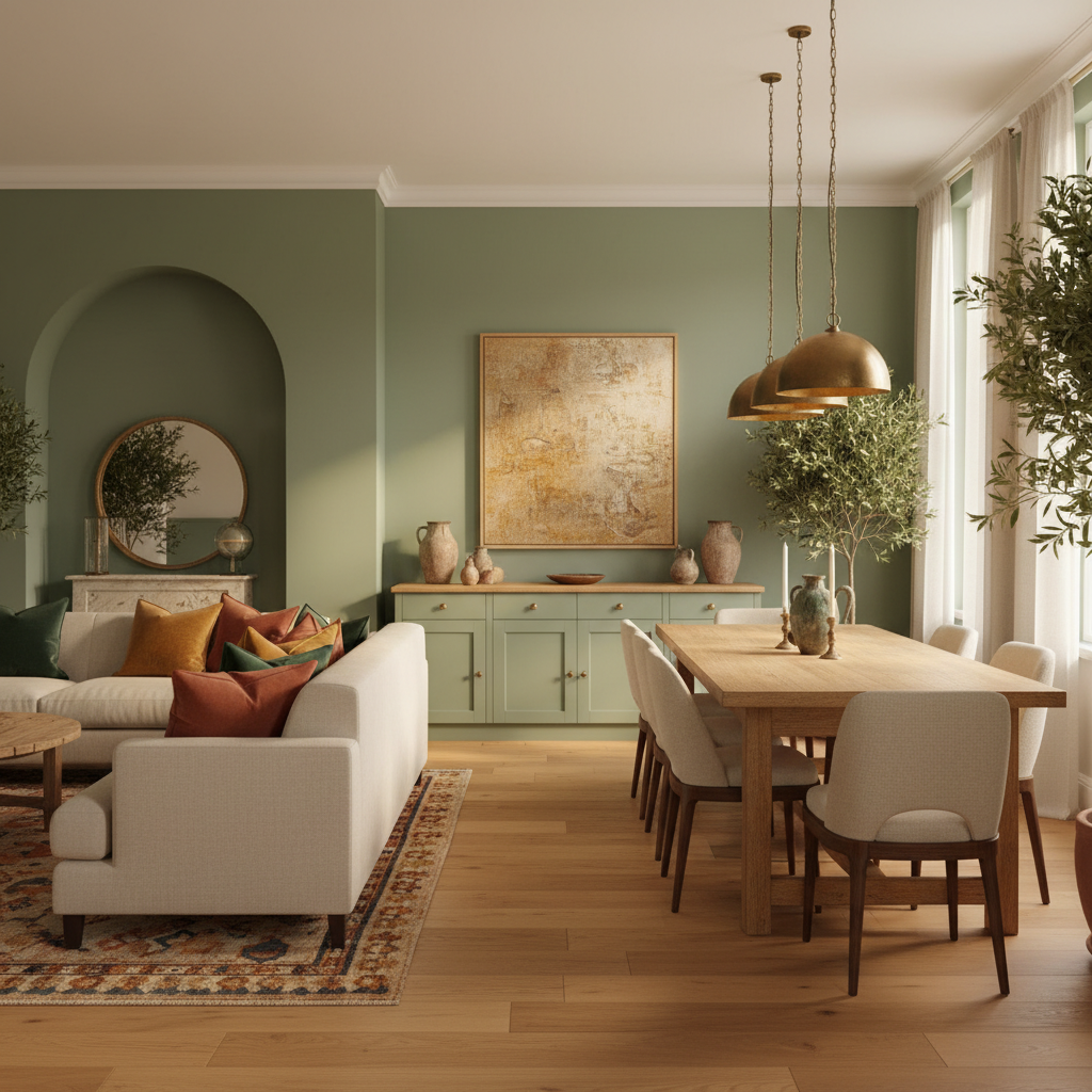 Sage green colour flow across open-plan living and dining space with aged brass pendant light