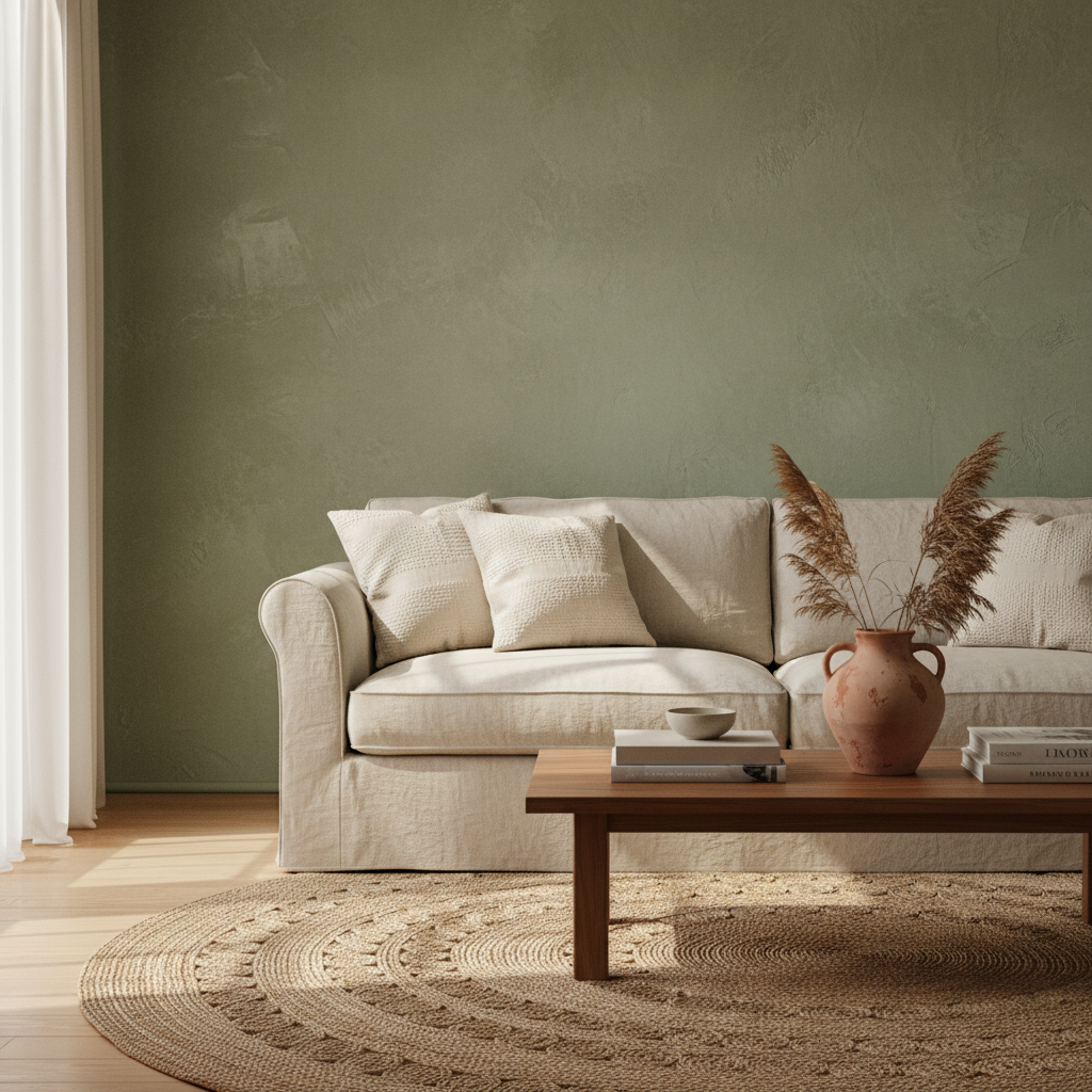 Sage green limewash wall with raw linen sofa and jute rug in a calming living room