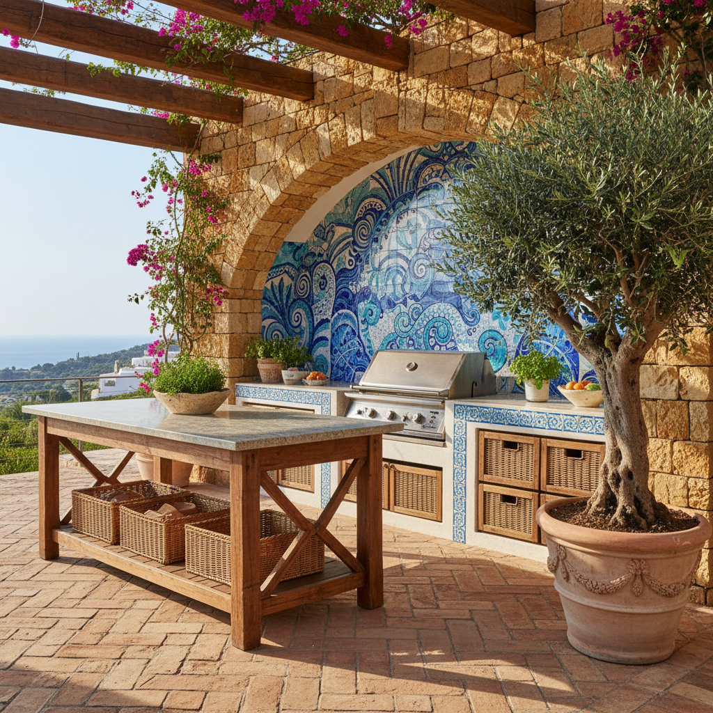 Mediterranean outdoor kitchen with hand-painted mosaic tile backsplash in blues and whites, terracotta floor tiles, arched stone surround, potted olive tree