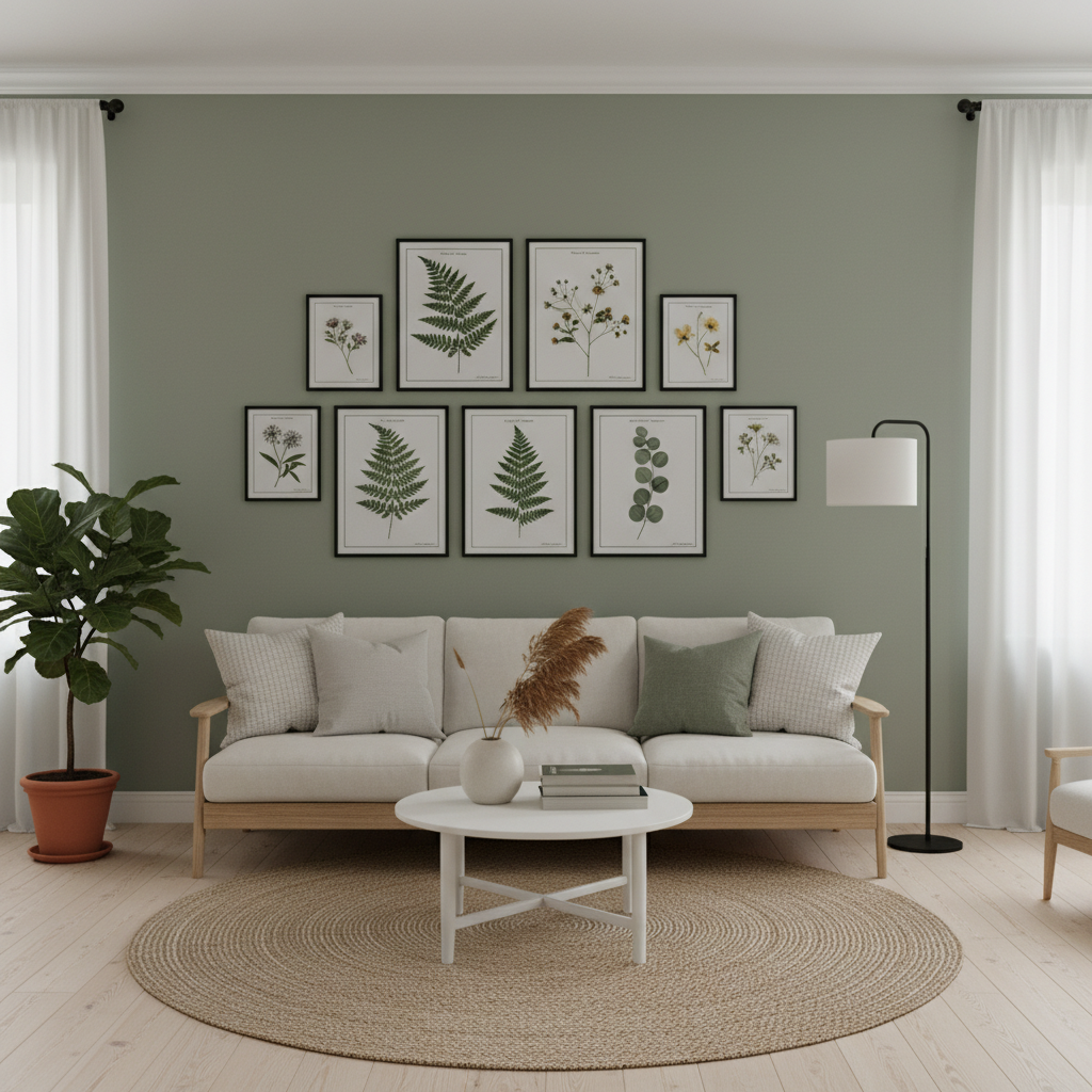 Sage green gallery wall with thin black-framed botanical prints arranged around a central anchor piece