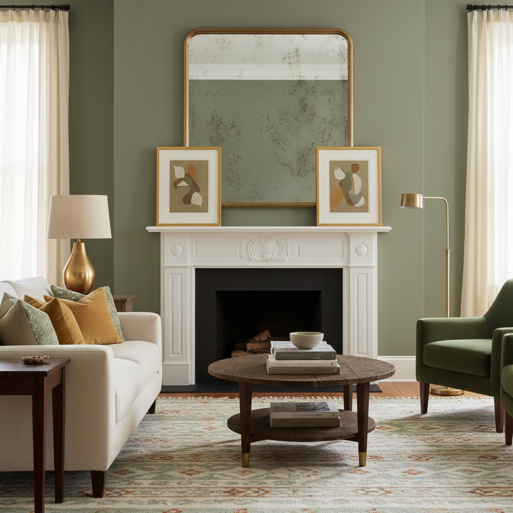Sage green living room with soft gold brass hardware and antique foxed mirror above mantel
