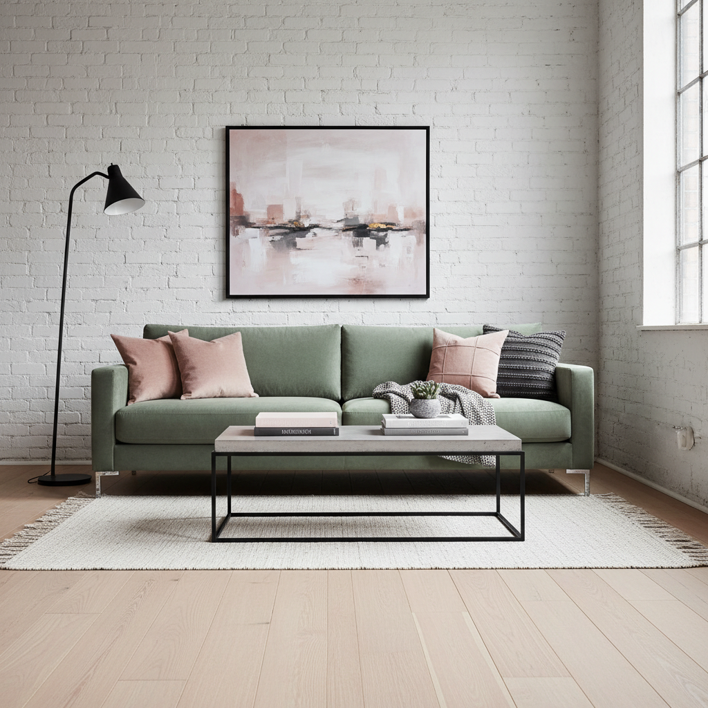 Sage green velvet sofa against a white-painted brick fireplace surround