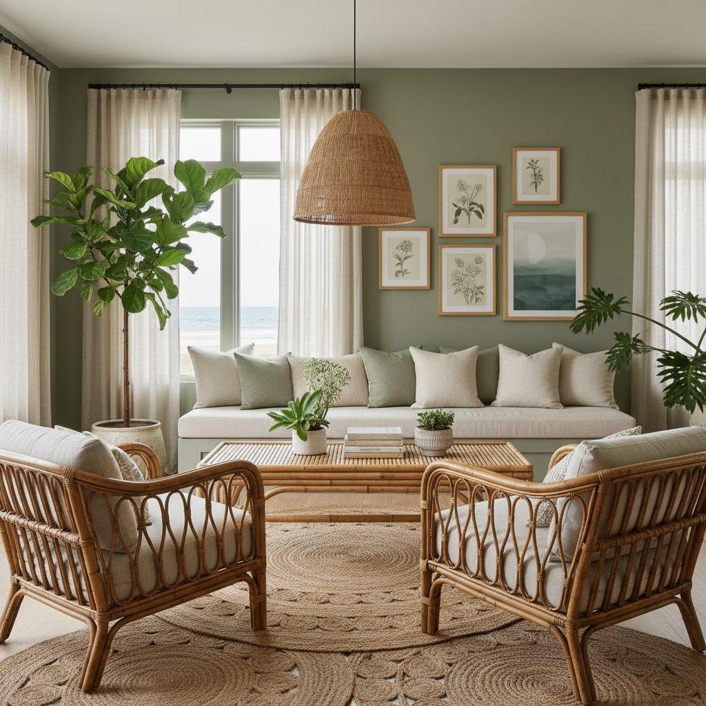 Sage green living room with rattan armchairs and layered jute rugs in a natural materials scheme