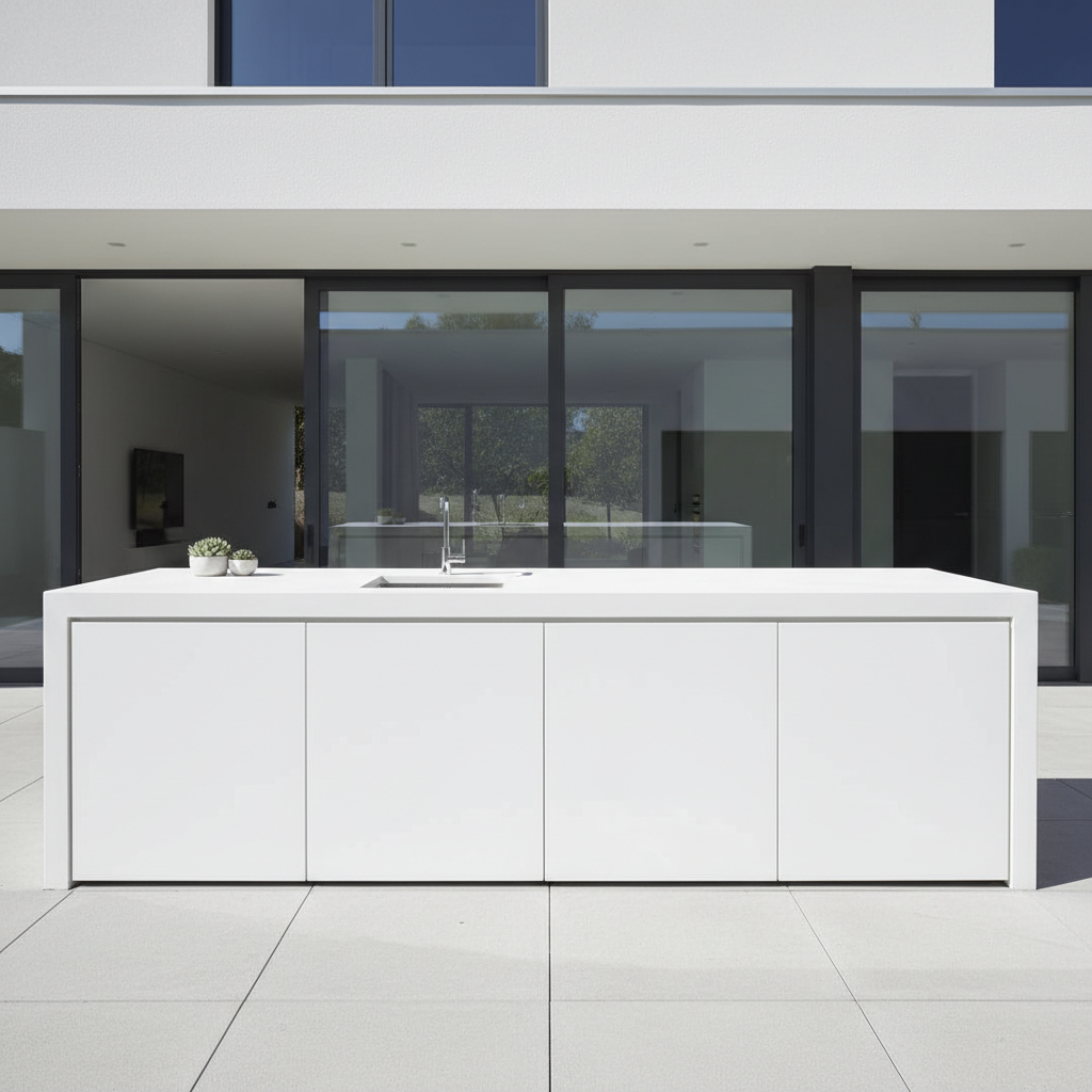 Ultra-minimalist outdoor kitchen with white smooth concrete counters, flush cabinetry, built-in sink, modern home backdrop, bright midday light