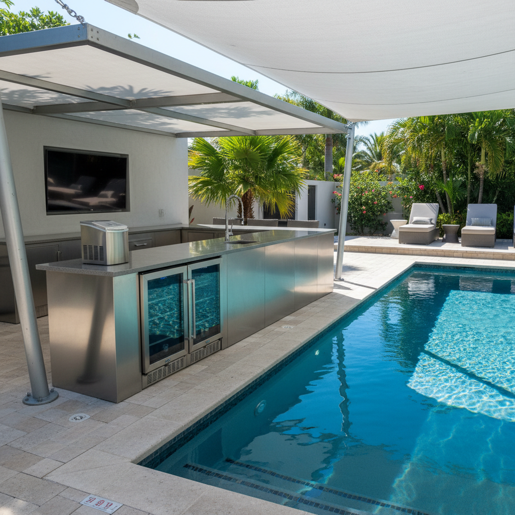 Sleek outdoor kitchen beside a blue swimming pool, stainless wet bar with built-in fridge, overhead shade sail, afternoon sun on the water
