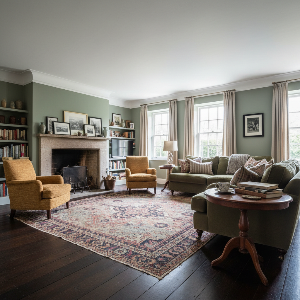 Sage green walls with white ceiling, dark stained wood floor and layered vintage rug