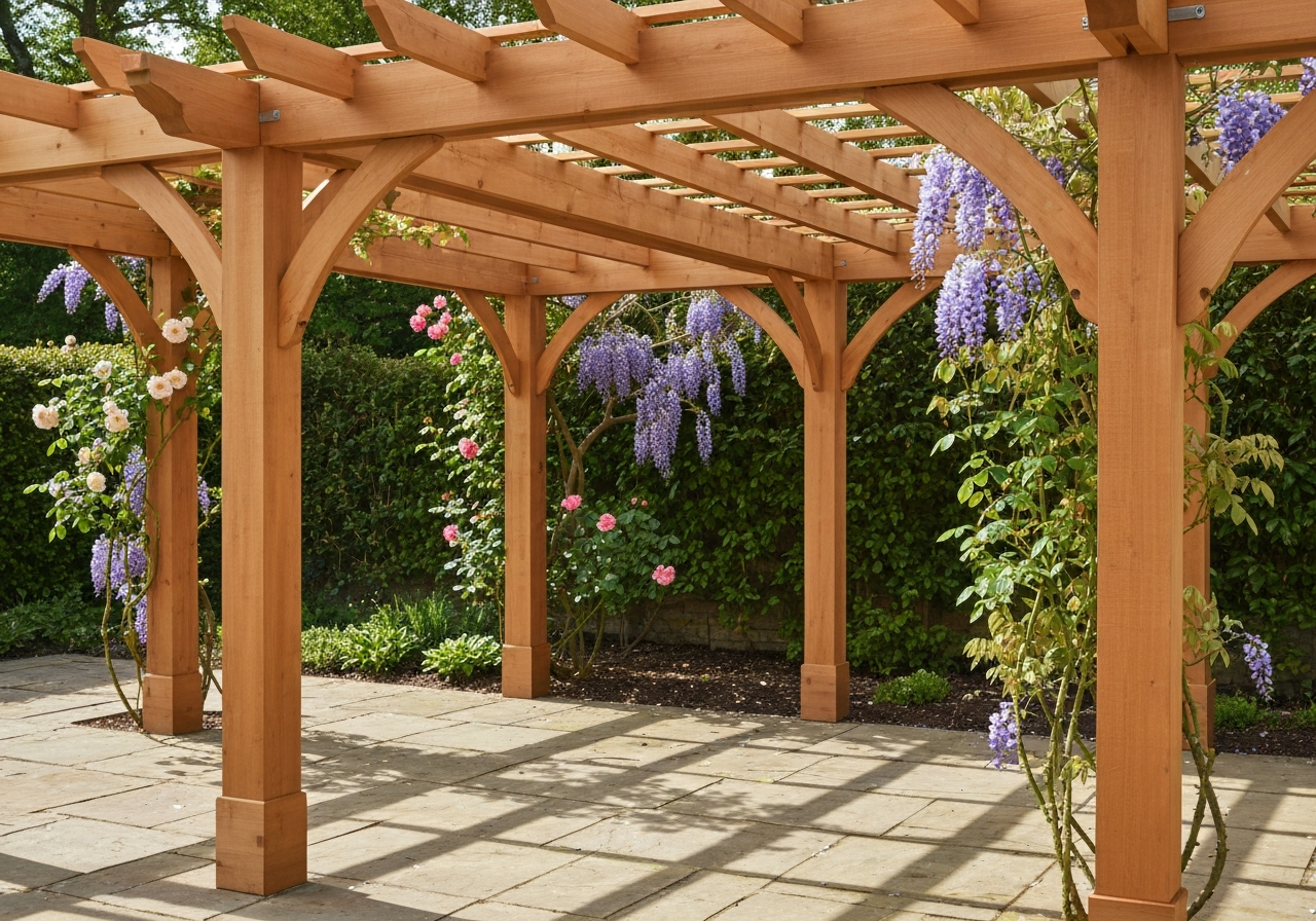 Classic cedar timber pergola with climbing roses and wisteria woven through lattice beams