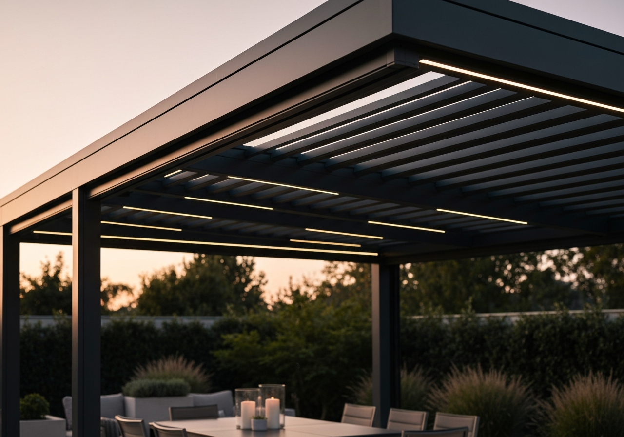 Modern bioclimatic pergola with motorized aluminum louvers and integrated LED lighting