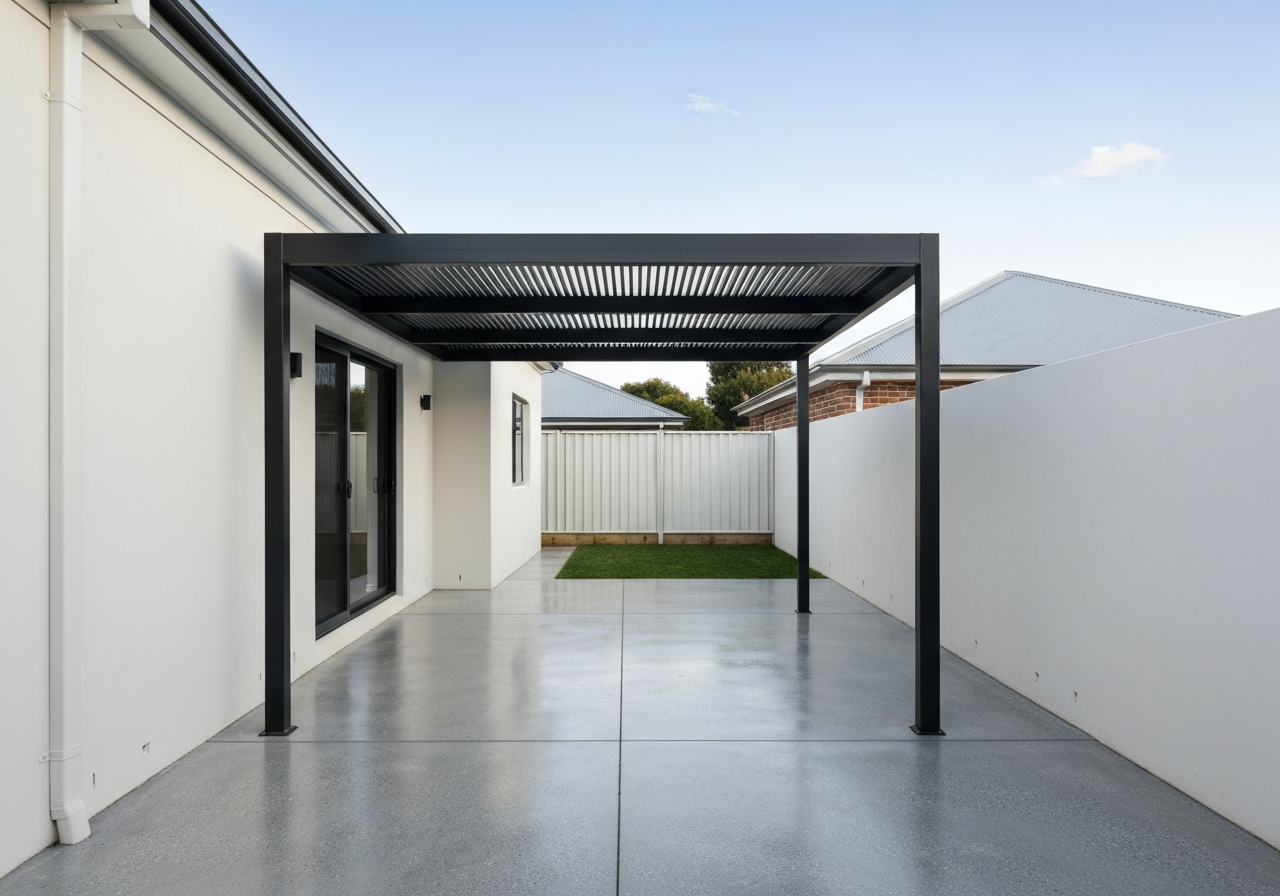 Minimalist matte black steel pergola against white render wall with polished concrete paving