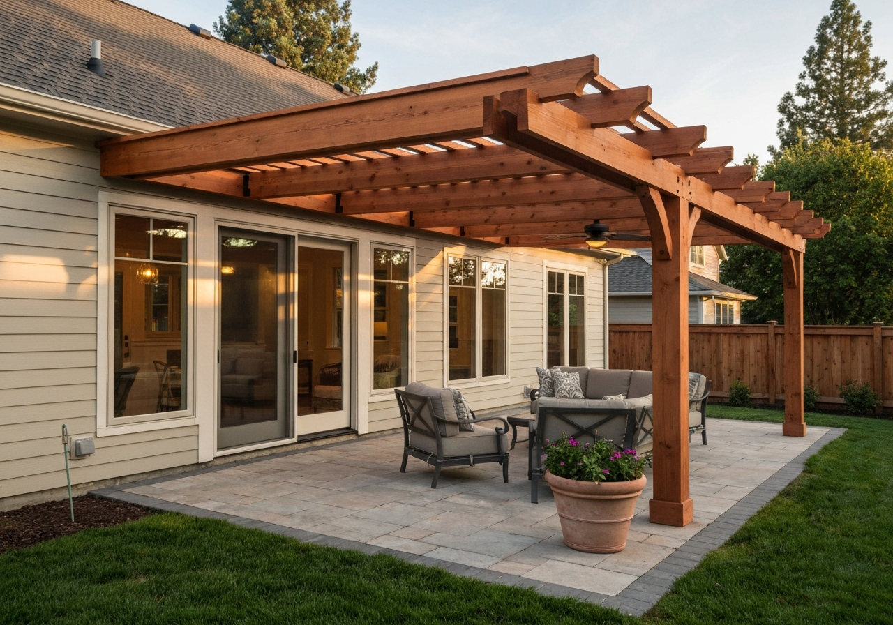 Attached pergola extending from the back of a house over a patio with ceiling fan