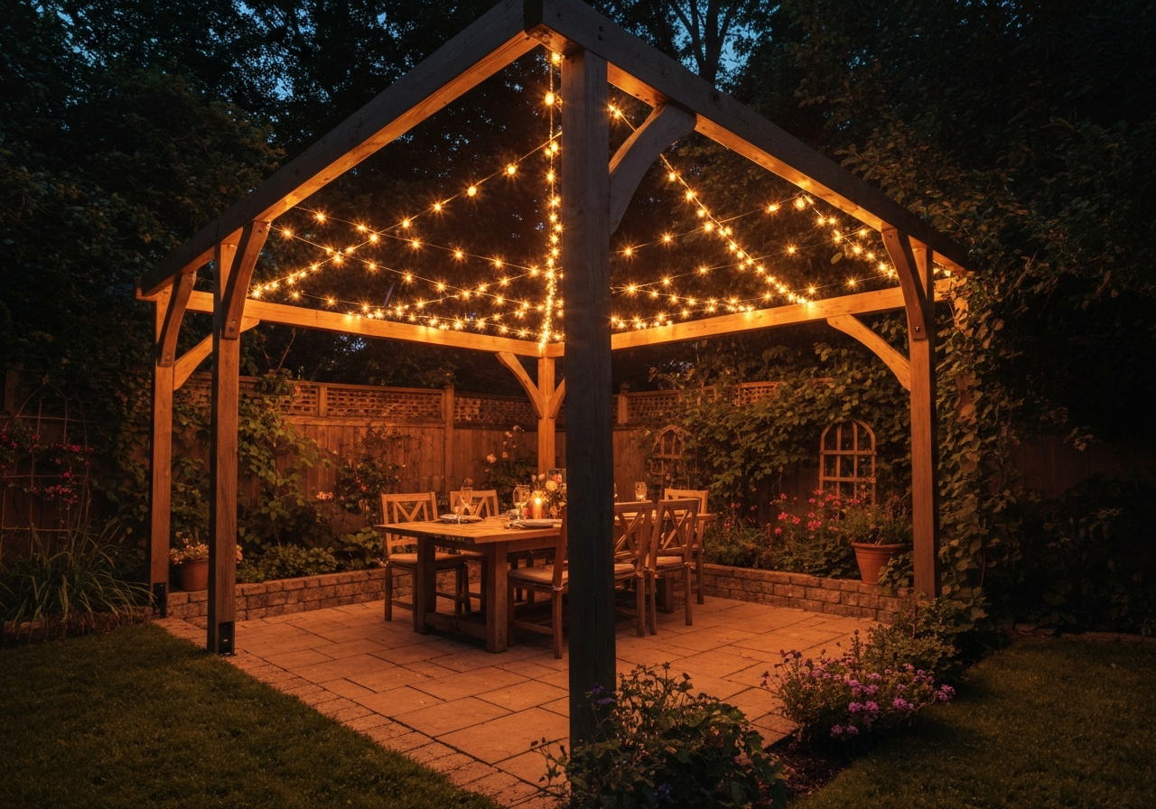 Freestanding pergola with Edison bulb string lights in criss-cross grid over outdoor dining table
