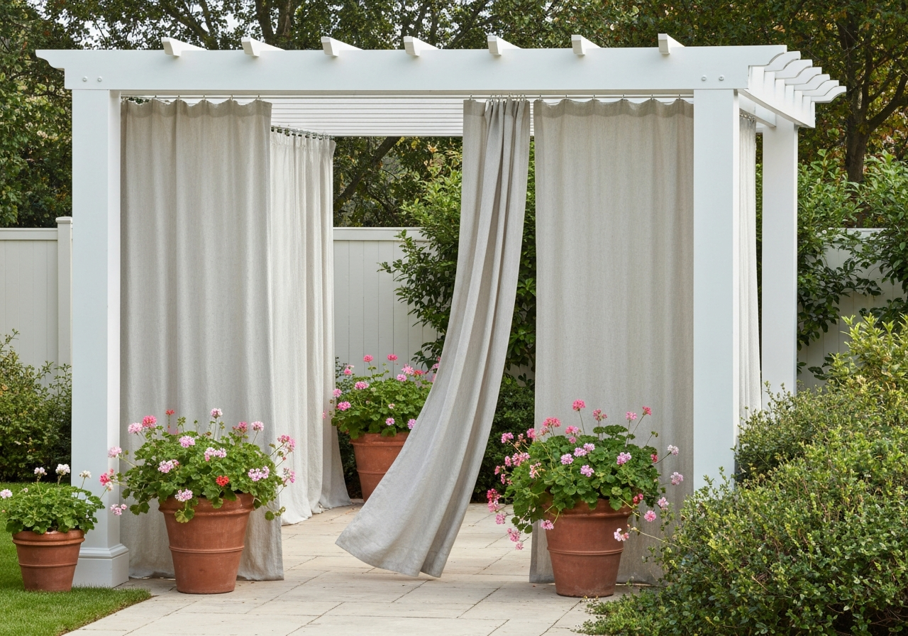 White painted pergola with full-length linen curtain panels in a Mediterranean garden