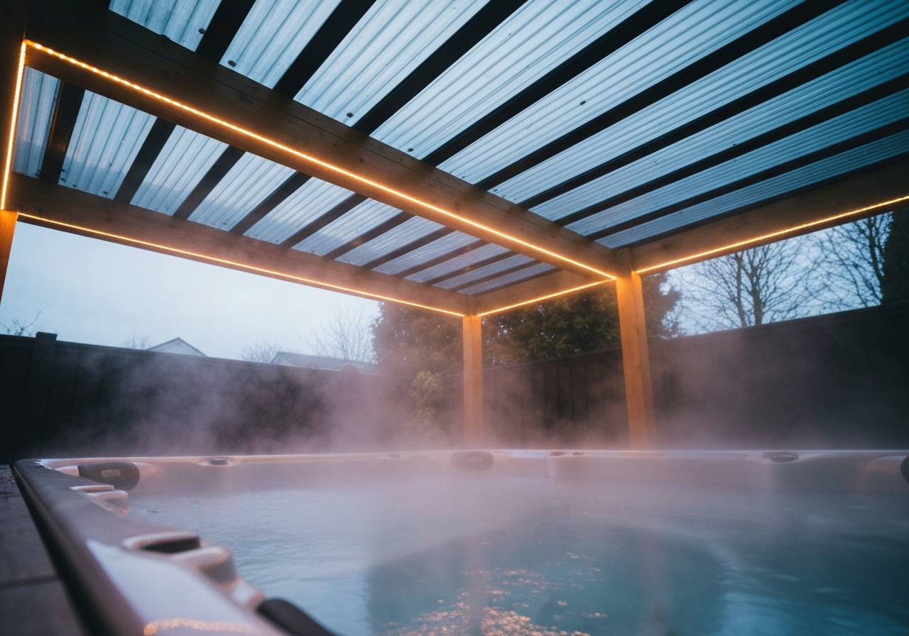 Pergola with polycarbonate roof panels built over a hot tub with recessed LED strip lighting