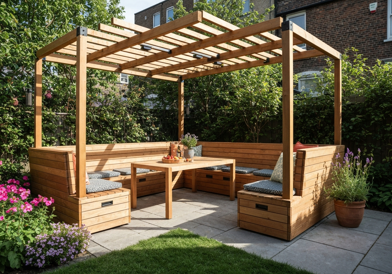 Pergola with integrated timber bench seating and storage running along the perimeter posts
