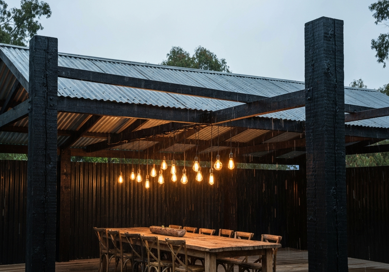 Rustic farmhouse pergola with charred timber beams and corrugated galvanized steel roof