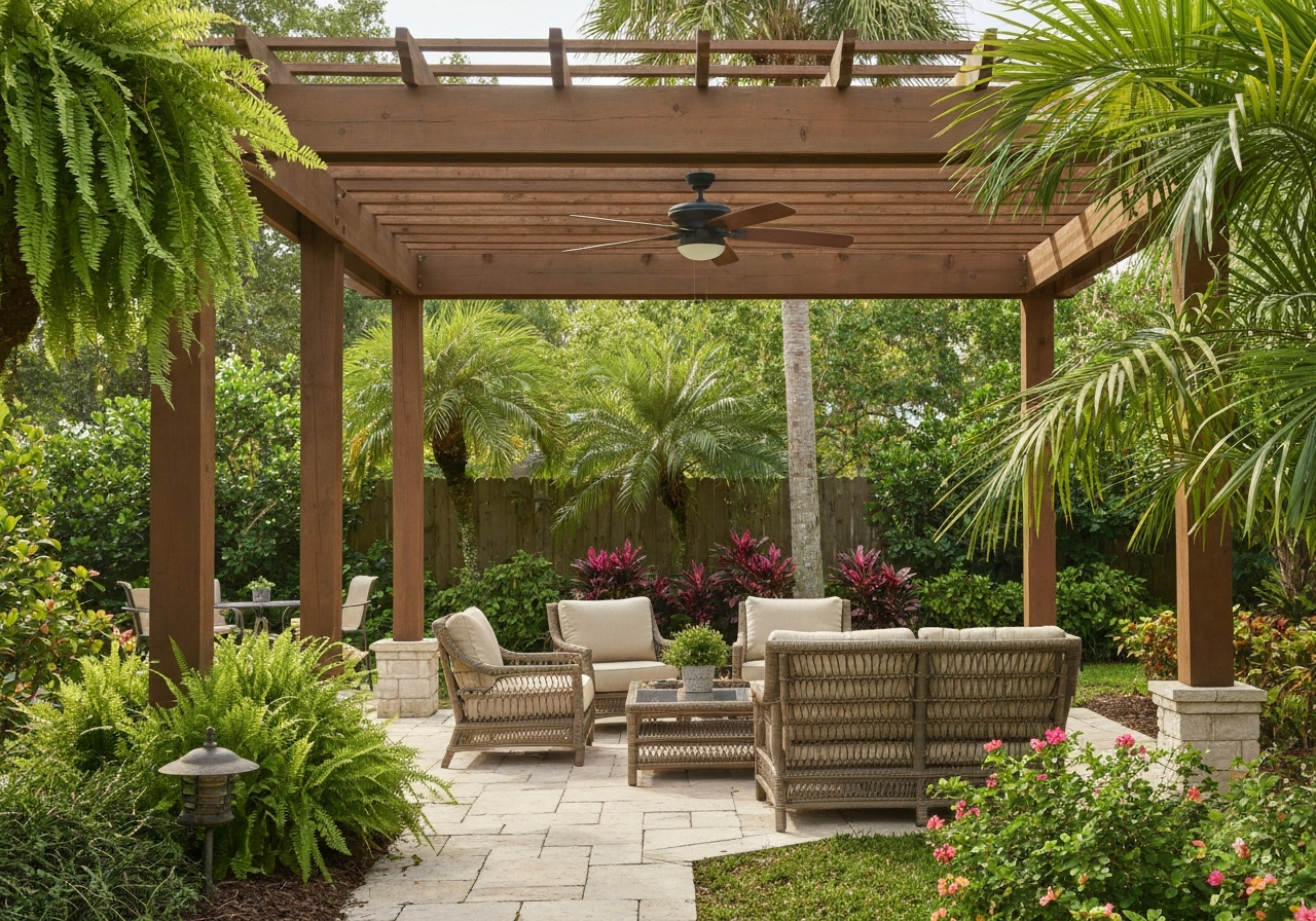 Outdoor pergola with large ceiling fan and rattan furniture in a tropical backyard setting