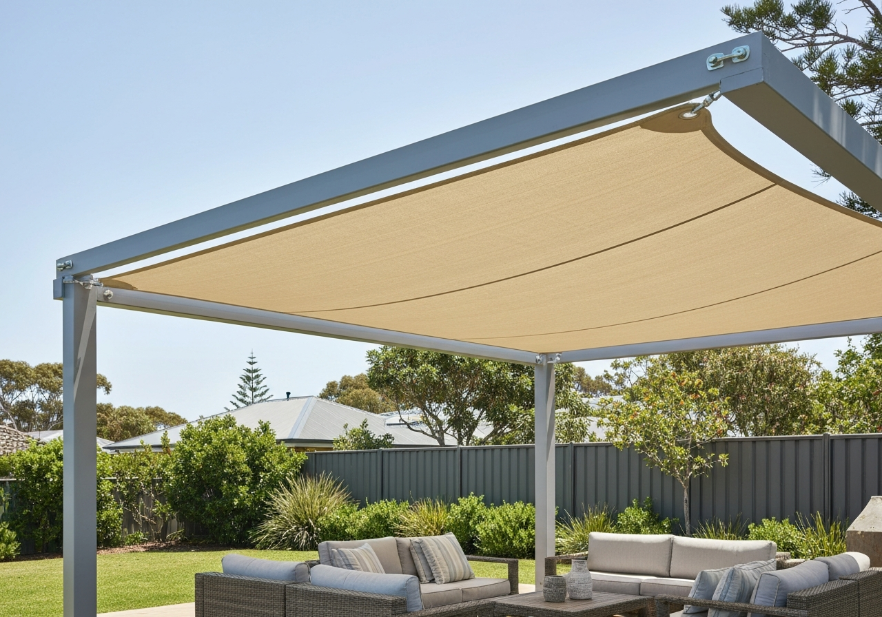 Pergola with retractable UV-rated shade sail in neutral stone tone in a coastal backyard