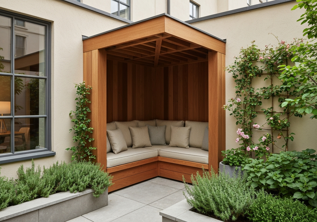 L-shaped corner pergola fitted into a garden wall angle creating an intimate urban courtyard nook